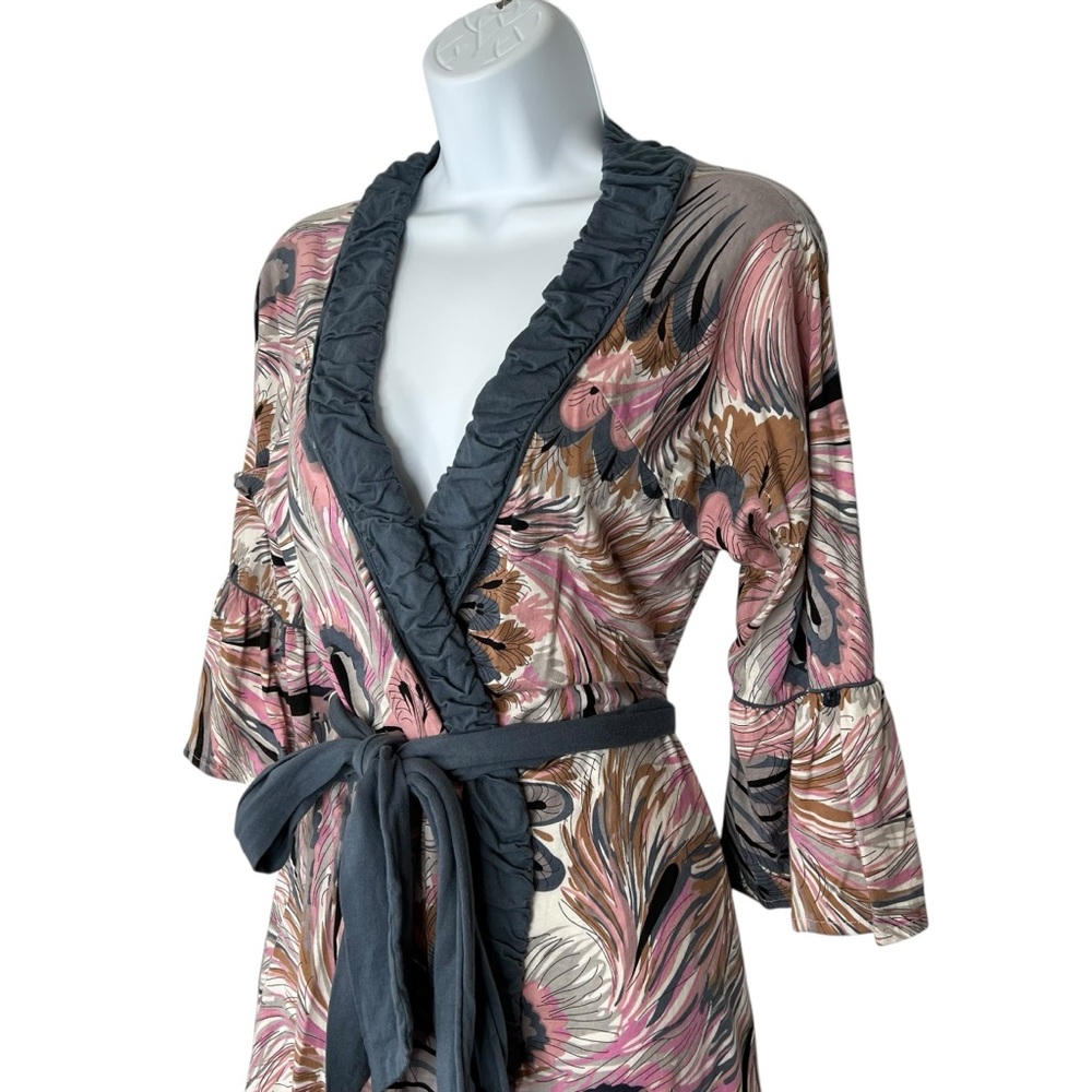 Women's Printed Short Robe with Ruffle Trim - Pink Multi - Picture 4 of 15